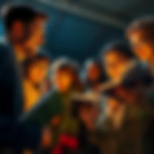 A group of excited fans discussing upcoming story twists and turns, with books and notes in hand