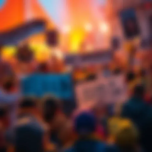 A crowd of excited fans holding banners and signs in support of the second expedition's announcement. Bright colors and enthusiastic expressions show their anticipation for updates from developers.