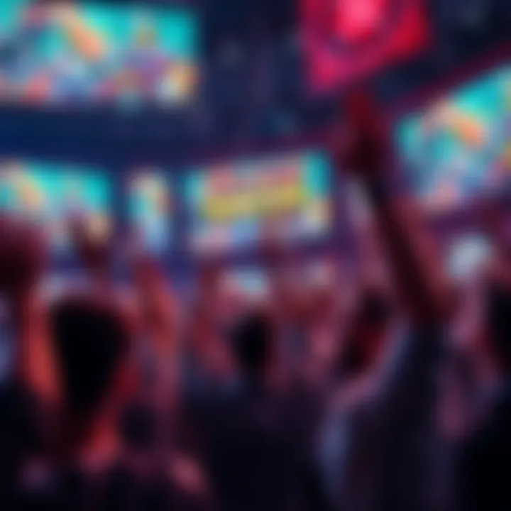 Fans Celebrating Gachi Content A group of fans cheering and celebrating in front of screens showcasing gachi content, with excitement building for Forsen's record attempt.
