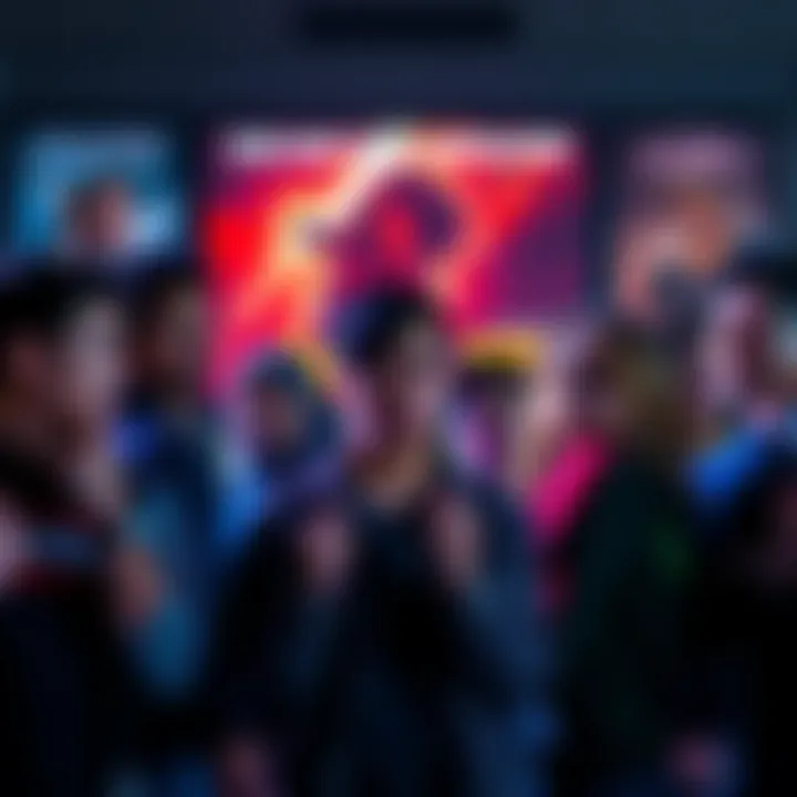 A diverse group of fans discussing their fears about the cancellation of a movie remake, showing expressions of disappointment and urgency, with posters of the original film in the background.