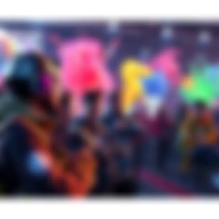 A group of fans excitedly talking about creative spray ideas for new heroes, with colorful spray designs in the background.