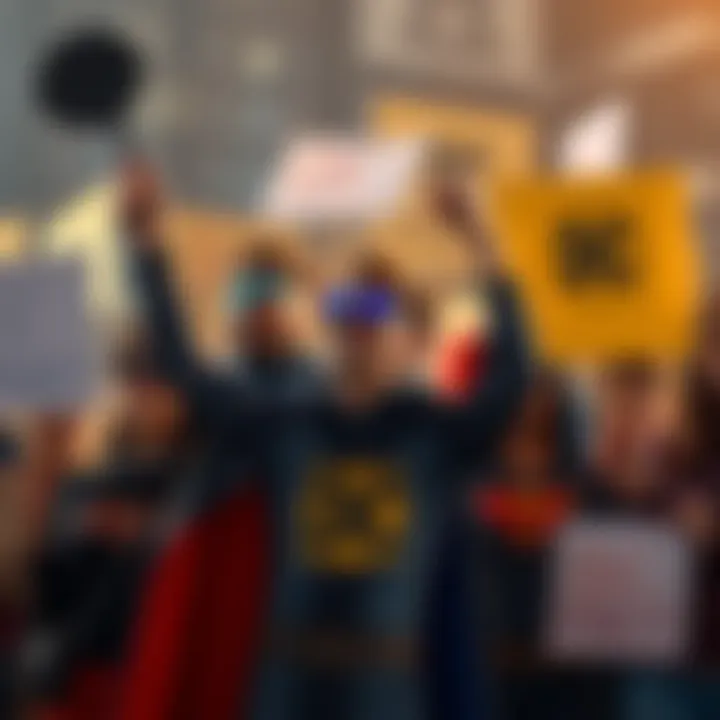 A group of diverse fans holding signs and wearing DC-themed costumes, eagerly discussing the DC penalty's return.