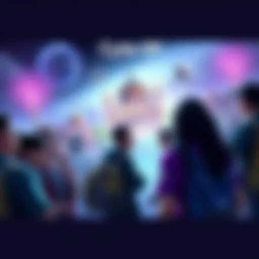 Group of fans talking excitedly about the Cyte-09 augment with graphics of Temple and Nokko in the background