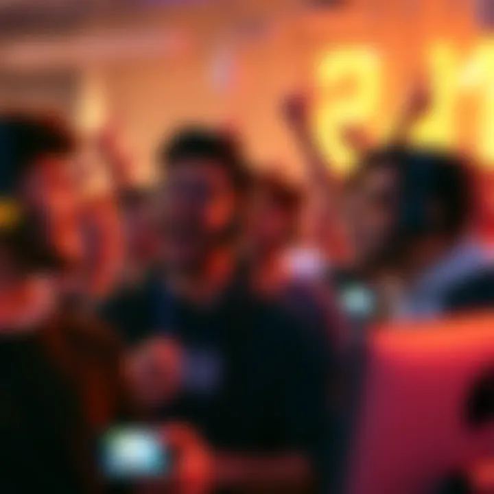 Group of gamers eagerly discussing and celebrating the upcoming game launch, with countdown timers visible on their screens.