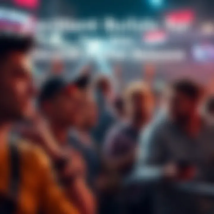 A crowd of fans eagerly discussing the upcoming movie trailer release