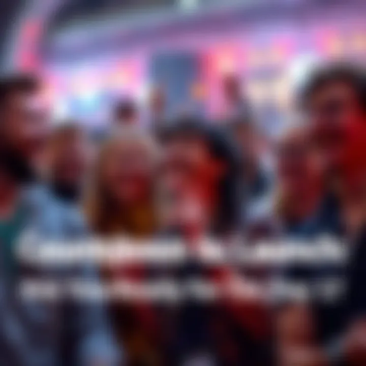 A group of excited fans gathered around, eagerly anticipating the upcoming launch event. They are smiling and chatting, showing their enthusiasm for the day one experience.