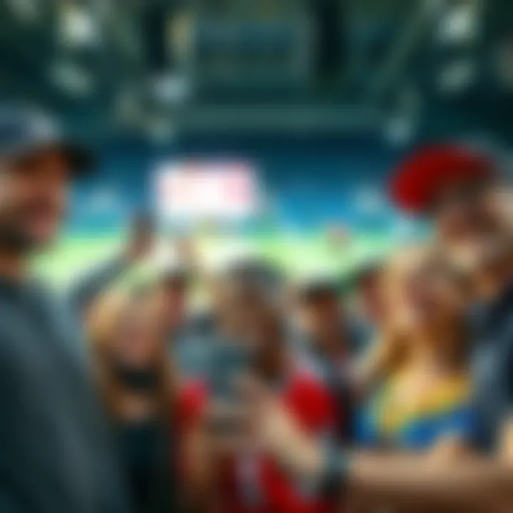 A group of excited fans interacting with legendary athletes and entertainers, smiling and taking photos together