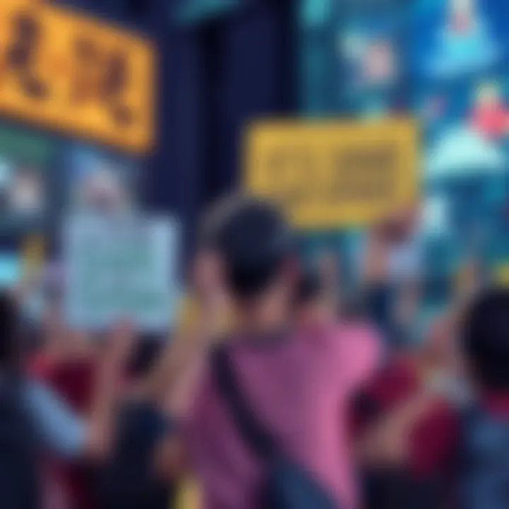 A group of passionate gamers holding signs demanding a sequel to save Simon, expressing their love for the character, with game-themed graphics in the background.