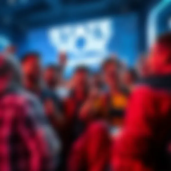 Group of excited fans discussing sequel news at a gaming event