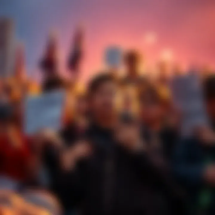 A group of fans showing disappointment and confusion over the delayed release of The Eternal Life of Goldman, holding signs and looking at their phones for updates.