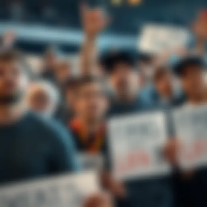A crowd of fans expressing disappointment and frustration over a short fight duration, with some holding signs and others showing mixed emotions.