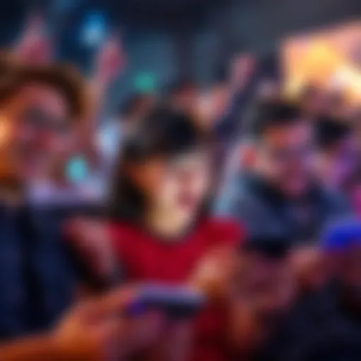 Fans Reacting to New Content A group of excited fans looking at their devices, showing mixed emotions of enthusiasm and disappointment after a recent content release.