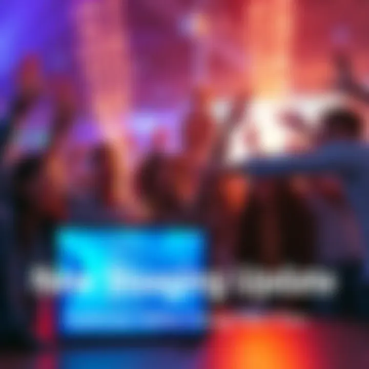A group of excited fans gathered around a screen discussing the latest staging update and its potential new features