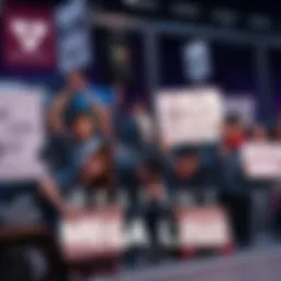 Group of fans holding signs and expressions of sadness over the cancellation of the Destiny MEGA line, with merchandise in the background.