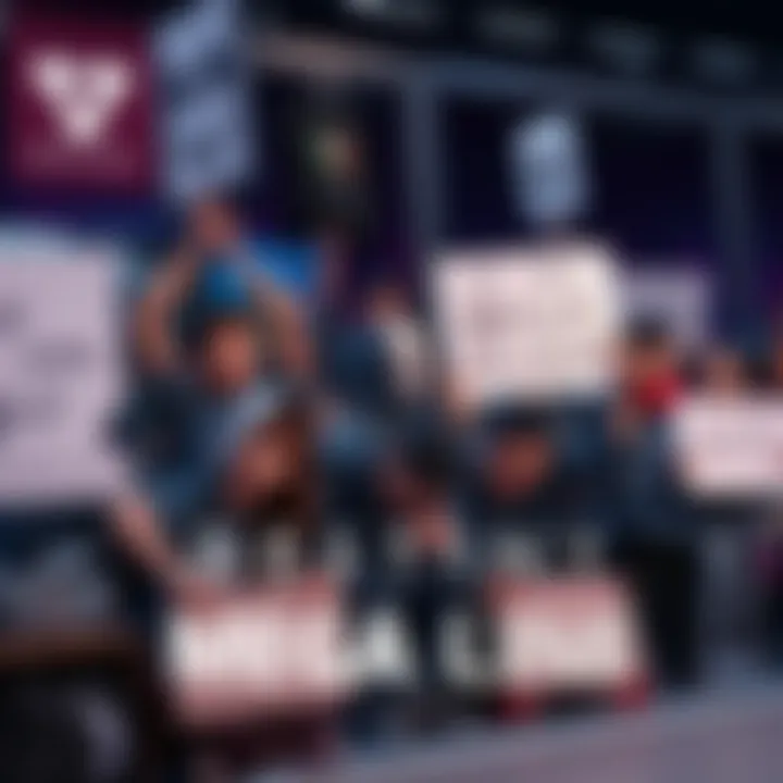 Group of fans holding signs and expressions of sadness over the cancellation of the Destiny MEGA line, with merchandise in the background.