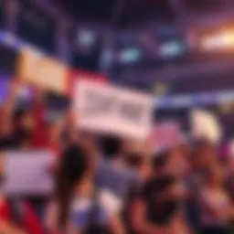 Group of fans expressing support for Overwatch Stadium mode, holding signs and playing the game together.