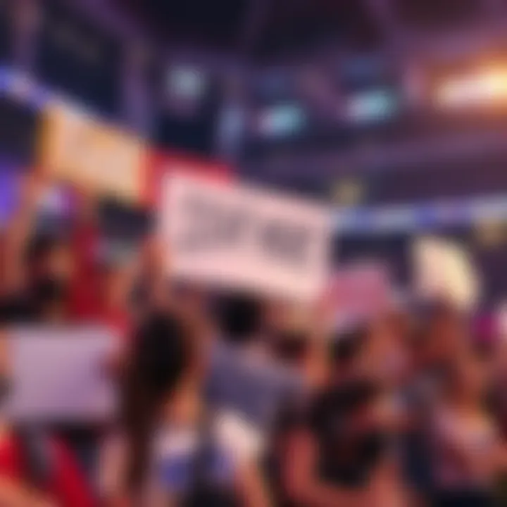 Group of fans expressing support for Overwatch Stadium mode, holding signs and playing the game together.