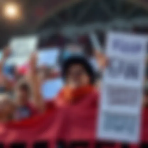 Group of fans holding signs and banners to keep the sorry emote in the game, showing excitement and passion