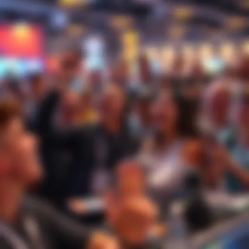 A group of excited fans at a trading card game event, holding cards and cheering for developers promoting low power strategies.