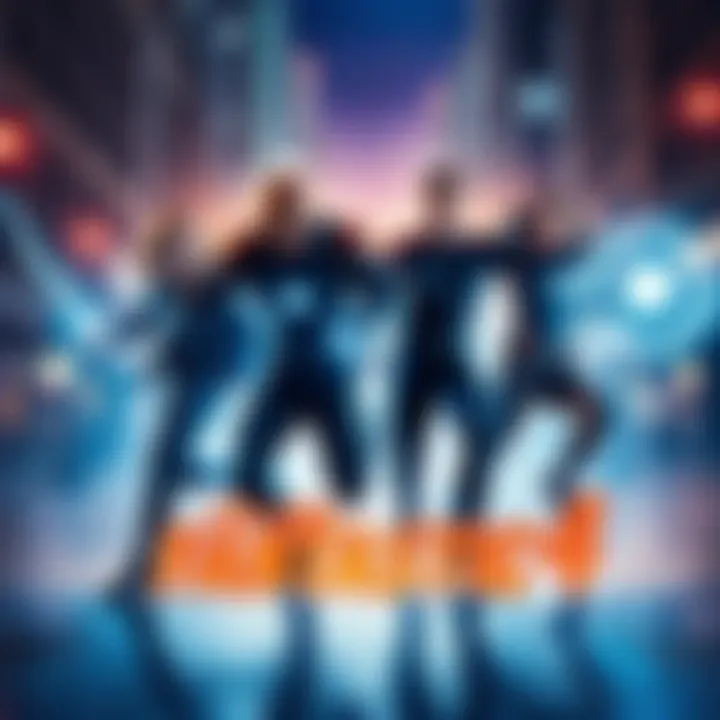The new Fantastic 4 team members displaying their unique powers in a city setting.