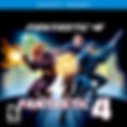 Cover art of the 2005 Fantastic 4 game featuring the four heroes in action poses with a city background.