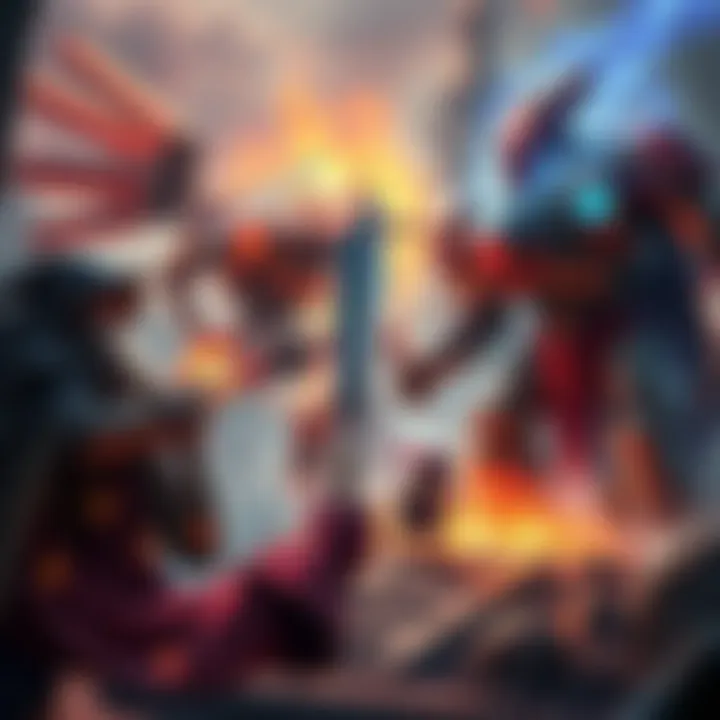 An epic scene showing a mech battling a wizard in a medieval setting with swords and magic spells.