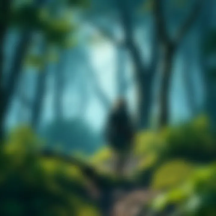 A warrior with a sword walking through a rich, green forest, capturing the essence of adventure in a role-playing game