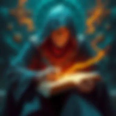 A fantasy character, dressed in robes, writing a powerful true name in a glowing book, surrounded by magical symbols
