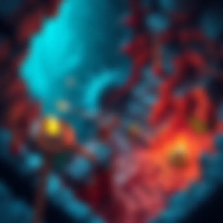 Fantasy Dungeon Crawler Game A colorful isometric view of a fantasy dungeon crawler game, featuring a warrior fighting monsters and exploring dark caves