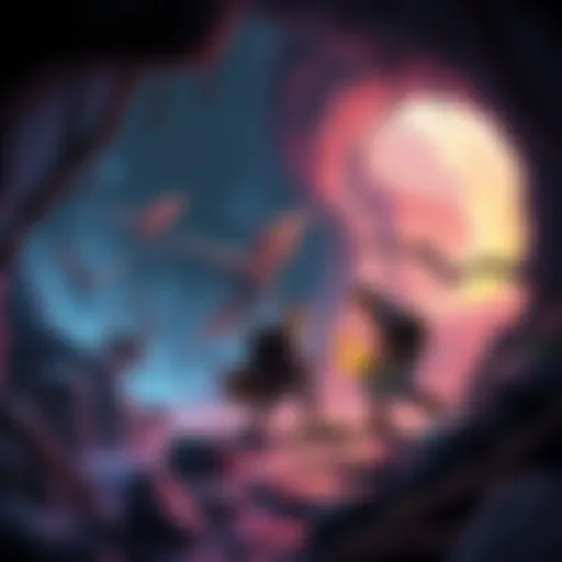A vibrant scene depicting a group of adventurers exploring a mystical dungeon filled with magical creatures and treasures.