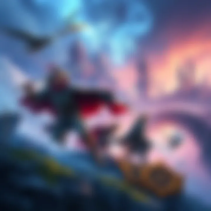 A group of heroes on a quest in a magical world, with castles and mythical creatures in the background.