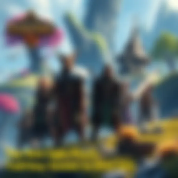 A group of characters in a fantasy setting with vibrant landscapes, trees, and mystical elements, engaged in gathering resources and building structures.