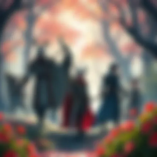 A group of fantasy game characters standing together in a colorful, enchanted forest, showcasing their unique outfits and weapons, inviting players into the game world.