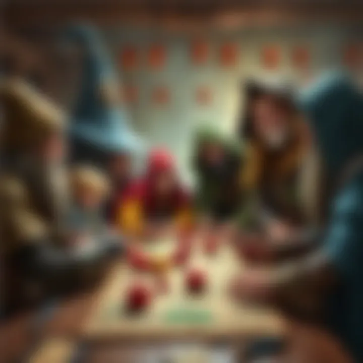 Fantasy game characters in action A group of diverse fantasy characters, including a wizard and a warrior, planning their next adventure at a gaming table with dice and maps