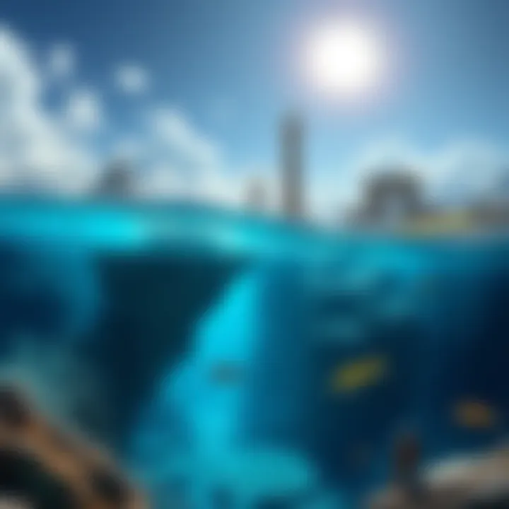Concept art of two fictional game levels named 'Eyes in the Water' featuring deep blue water and marine life, and 'Heliopolis' showcasing ancient architecture under a sunlit sky.