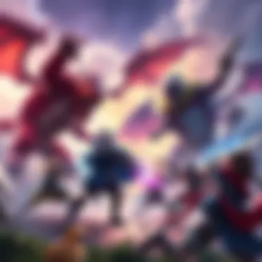 Fantasy Game Monster Battle A group of players battling fierce monsters in a colorful fantasy setting, showcasing epic action and teamwork.