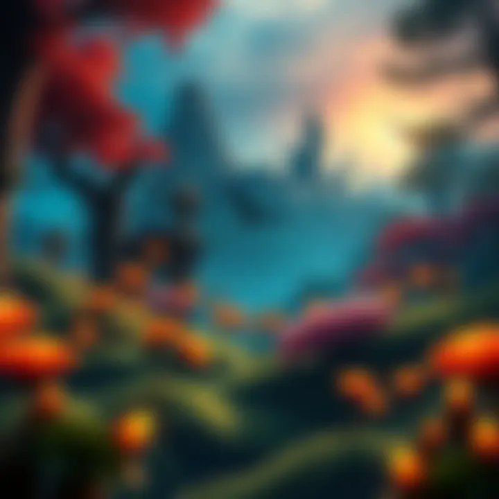 Fantasy game scene A colorful fantasy landscape featuring a magical forest with glowing plants and a castle in the background