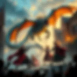 A vibrant fantasy scene showing a knight and a sorceress in Renaissance clothing battling a dragon amid colonial-style buildings.