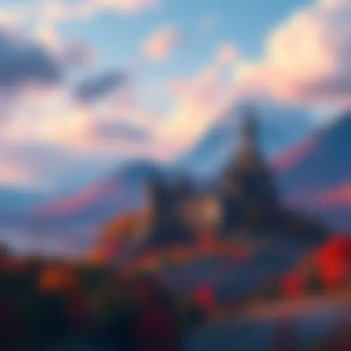 Fantasy game world A vibrant fantasy landscape featuring mountains, forests, and a castle, illustrating an open-world game setting.