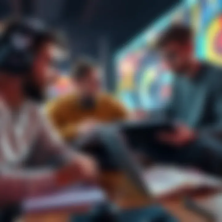 A group of players analyzing statistics and strategies for fantasy gaming on a laptop and notebook.