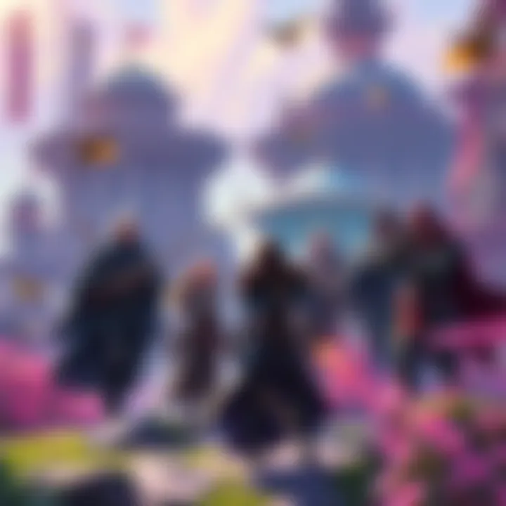 A diverse group of fantasy characters engaging with random NPCs in a vibrant game world