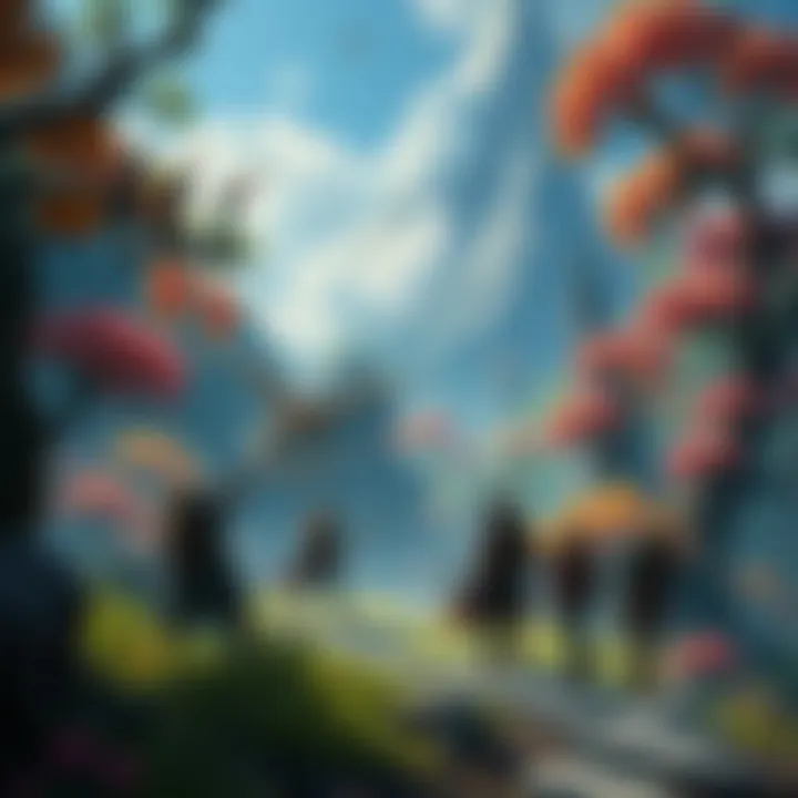 Fantasy RPG Adventure A group of heroes exploring a magical forest in a fantasy RPG game with vibrant creatures and epic landscapes.