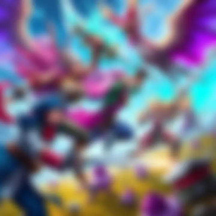 Fantasy RPG Characters in Action A group of colorful fantasy characters engaged in turn-based combat, set in a magical landscape with vibrant colors and mythical creatures.