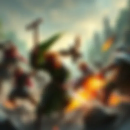 A group of diverse fantasy RPG characters battling in a vibrant open world setting