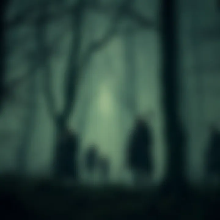 A group of fantasy RPG characters in a dark, medieval forest, surrounded by eerie trees and mist, capturing the essence of gritty fantasy worlds.