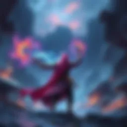 A spellcaster casting a unique, colorful spell in a mystical landscape with magical effects surrounding them.