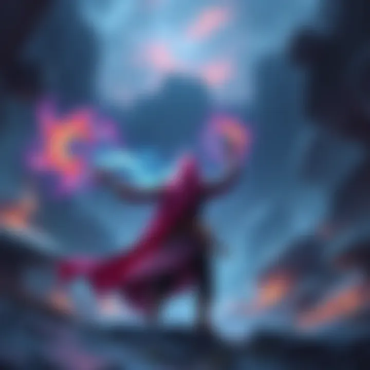 A spellcaster casting a unique, colorful spell in a mystical landscape with magical effects surrounding them.