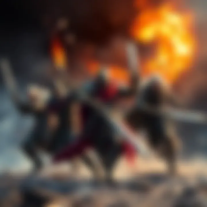 A group of diverse fantasy characters leading an epic battle scene with magic and swords.