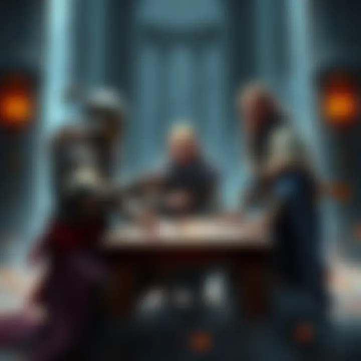 A monk, druid, and bard discussing their roles in a tabletop game while sitting at a table with dice and character sheets