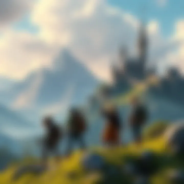 A group of D&D players exploring a scenic fantasy landscape with mountains and castles in the background.